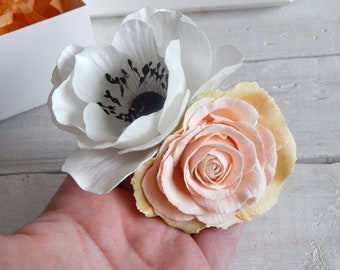 Wedding flower hair clip White anemone Peach rose hair barrette Bridal floral hair piece