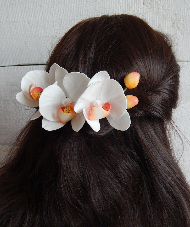 White orchid flower hair piece Orchid hair clip Bridal hair Etsy
