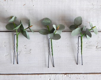 Eucalyptus hair pins Green leaf hair pins Bridal flower hairpiece  Greenery wedding headpiece Floral hairpins