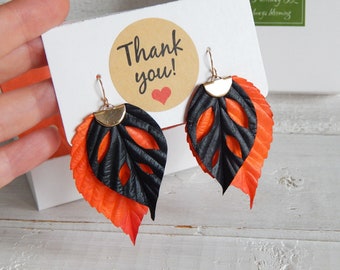 Orange black earrings Fall leaf floral earrings Autumn jewelry Halloween earrings Thanksgiving gift ideas