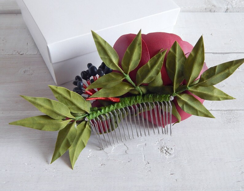 Burgundy flower hair comb Bridal floral hair piece Wedding Etsy