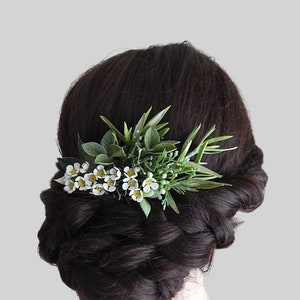 White green flower hair comb Greenery wedding hair comb Bridal floral hair piece Wax flower headpiece image 2