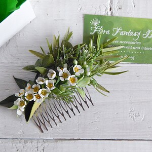 White green flower hair comb Greenery wedding hair comb Bridal floral hair piece Wax flower headpiece image 5