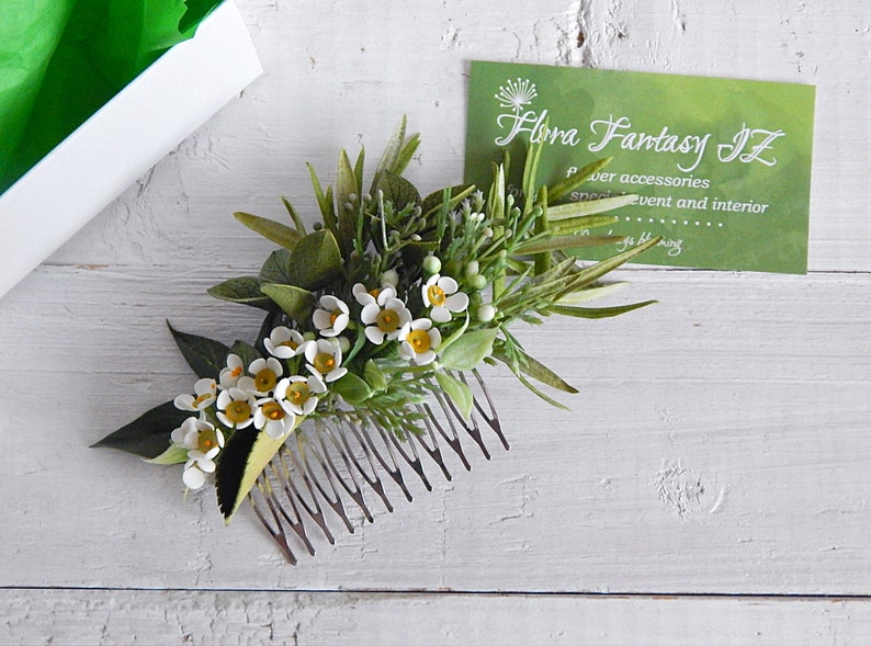 White green flower hair comb Greenery wedding hair comb Bridal floral hair piece Wax flower headpiece image 5