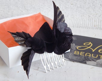 Black flower hydrangea hair comb Goth hair clip Gothic wedding head piece Halloween wedding Goth hair accessory