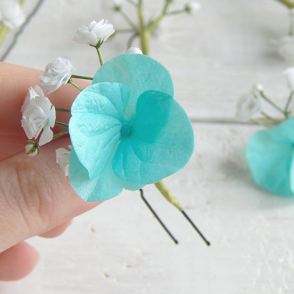 Babys breath hair pins Turquoise flower hair clip Bridal hair piece Floral hairpins Mint blue wedding headpiece Gypsophila hair pins