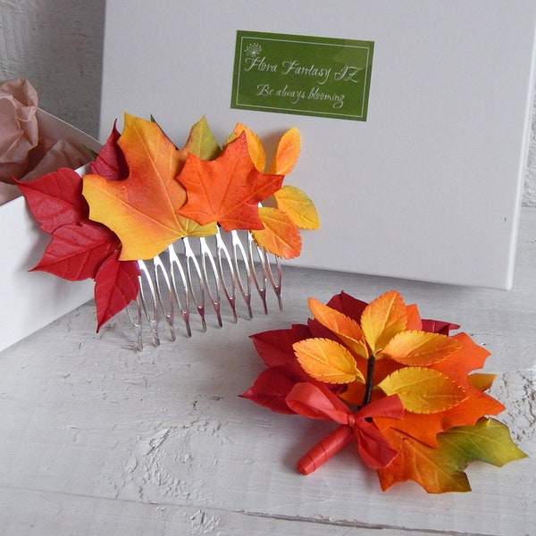 Fall wedding hair comb Autumn boutonniere Fall leaf headpiece Bridal hair piece Floral hairpiece Groom buttonhole