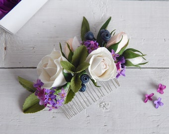 Purple flower hair comb Lilac hair accessories Wedding hair clip Bride headpieces Floral bridal hair piece