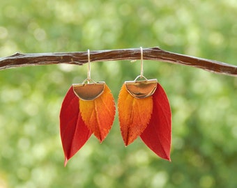 Fall leaves earrings floral earrings Asymmetrical dangle earrings Red orange earrings Autumn jewelry for women Thanksgiving day
