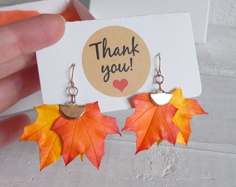 Boucles d'oreilles feuilles d'automne et fleurs Boucles d'oreilles d'automne feuilles d'érable Boucles d'oreilles florales jaune orange Bijoux cadeau de Thanksgiving