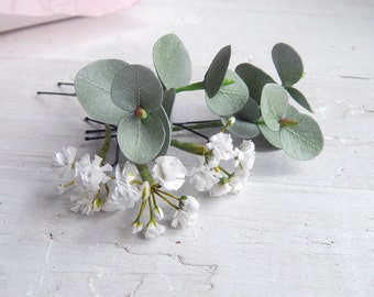 Babys breath hair pins Eucalyptus hair pins Bridal floral hair piece Wedding headpiece Greenery head piece Gypsophila