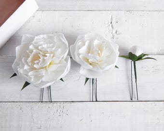 White flower hair pins Peony hair clip Peony hair pins Bridal floral hair piece Floral hairpiece Wedding headpiece Bridal hair pins