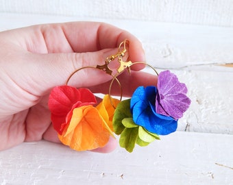 Lesbian Pride Hoop Earrings Rainbow Hydrangea Flower LGBTQ Jewelry