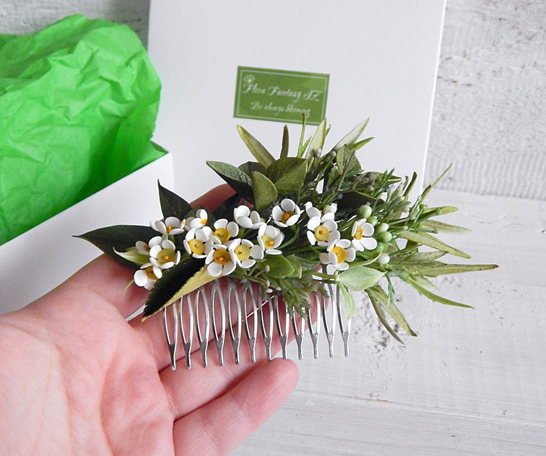 White green flower hair comb Greenery wedding hair comb Bridal floral hair piece Wax flower headpiece image 3