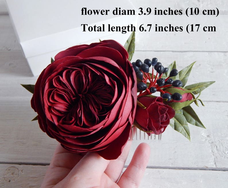 Burgundy flower hair comb Bridal floral hair piece Wedding Etsy