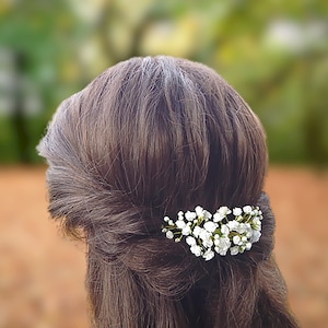 May include: A white flower hair comb with small white flowers and green stems. The comb is in a woman's brown hair.