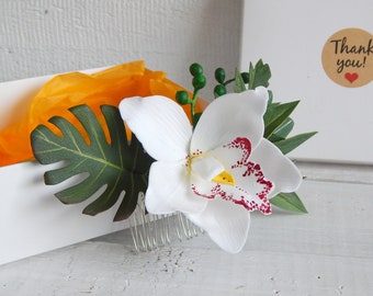 Tropisk orkidé hårkam Orkidé hårspänne Blommig huvudbonad Brudhuvudbonad Monstera hårspänne Hawaiiansk hårblomma