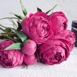 Dark pink fake peony flowers in vase Real touch peony Artificial flower bouquet Faux flower arrangement Flower stem Wedding decoration