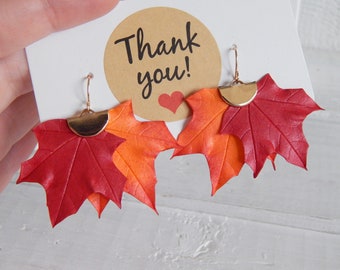 Fall maple leaf earrings Red orange floral earrings Autumn flower jewelry Thanksgiving gift