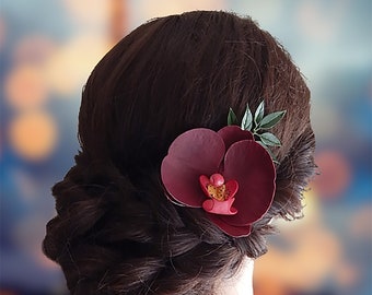 Bridal flower hair pin Burgundy hair pin Orchid hair clip Bridal hair piece Floral head piece Tropical wedding headpiece