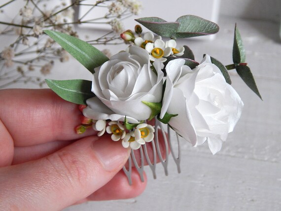 White Rose and Leaves Bridal Hair Clip Ivory and Co Fairydust Silver Enameled Leaves Wedding Hair Clip main image 4
