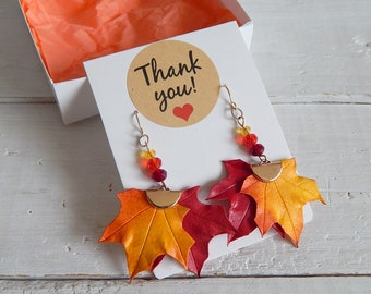 Maple leaf dangle earrings Fall leaf earrings Autumn wedding earrings Floral earrings Thanksgiving gift Red orange earrings Jewelry