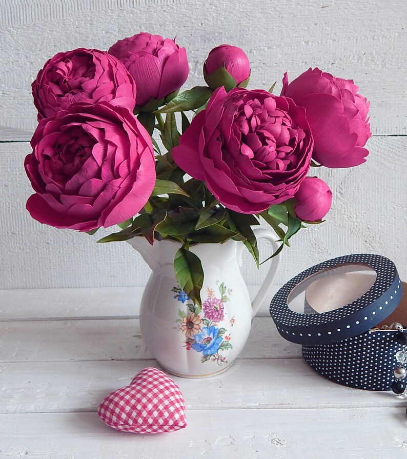 Dark pink fake peony flowers in vase Real touch peony Etsy