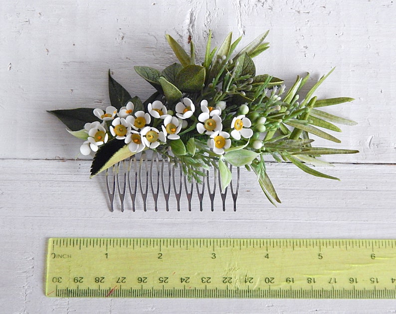 White green flower hair comb Greenery wedding hair comb Bridal floral hair piece Wax flower headpiece image 4