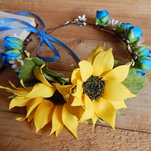 Sunflower wedding flower crown Ukraine headband Bridal hair piece Floral headpiece Yellow blue headband Ukrainian head wreath shops artists