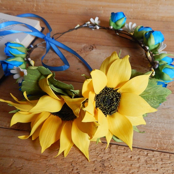 Sunflower wedding flower crown Ukraine headband Bridal hair piece Floral headpiece Yellow blue headband Ukrainian head wreath shops artists