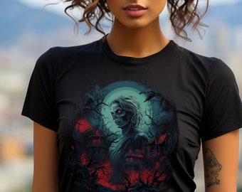 Camiseta com tema de terror, camiseta fantasma, camiseta assustadora, cemitério, casa mal-assombrada, humor, presente, Halloween, assustador - Design 1