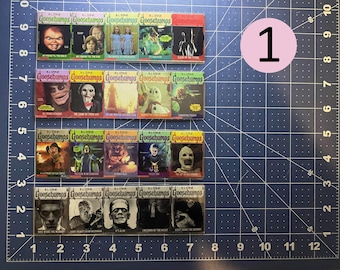 May include: A collection of 20 Goosebumps books with various covers featuring spooky characters and scenes. The books are arranged in three rows of six and two rows of four. The covers feature illustrations of monsters, ghosts, and other creepy creatures.