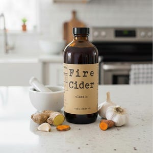 May include: A brown glass bottle of "Fire Cider" with a black cap and a beige label. The label reads "classic". Ingredients like ginger, garlic, and turmeric are arranged around the bottle, along with a white mortar and pestle.