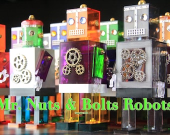 Mr. Nuts & Bolts Robots poster featuring a bunch of bright and shiny Robots!  This photo is from RobotShack's main page