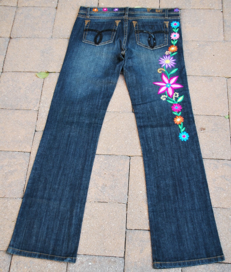 Fiorucci Safety JEANS hand embroidered with gorgeous flowers | Etsy