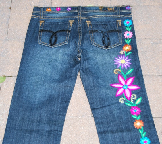 Fiorucci Safety JEANS hand embroidered with gorgeous flowers | Etsy