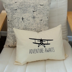 Plane Pillow Adventure Awaits Pillow Nursery Decor Baby Shower Gift Aviation Throw Pillow Home Decor Air Traffic Pillow Pilot Pillow