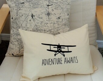 Adventure Awaits Plane Pillow, Nursery Decor, Baby Shower Gift