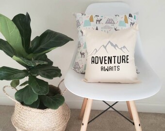 Adventure awaits pillow Mountain pillow Nursery decor Baby shower gift Adventure awaits throw pillow