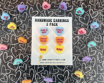 Anti-Valentine Conversation Heart Earrings, Funny Acrylic Studs, Set of 3