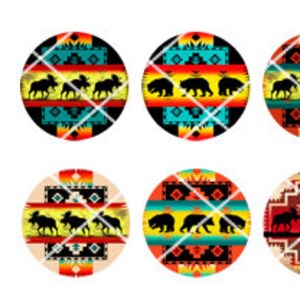 May include: A collection of twenty circular cabochons featuring various colorful geometric patterns and silhouettes of bears or moose. The word ABbeadz is printed in purple across the center of the grid of circular designs.