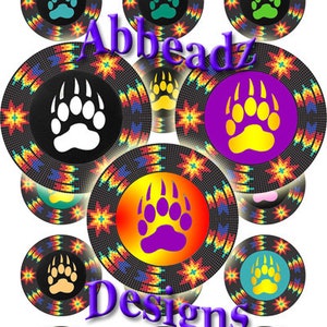 30 - 1 Inch Round Bear Paw w/Native American Inspired Beaded Edge Bottlecap Images DIGITAL DOWNLOAD
