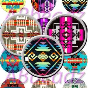 May include: Ten round, colorful, patterned stickers with geometric designs in shades of red, blue, green, yellow, orange, black, white, and purple. The stickers feature Native American inspired patterns.