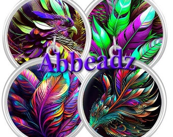 2", 1" and 20mm Round Colourful Exotic Feathers DIGITAL DOWNLOAD