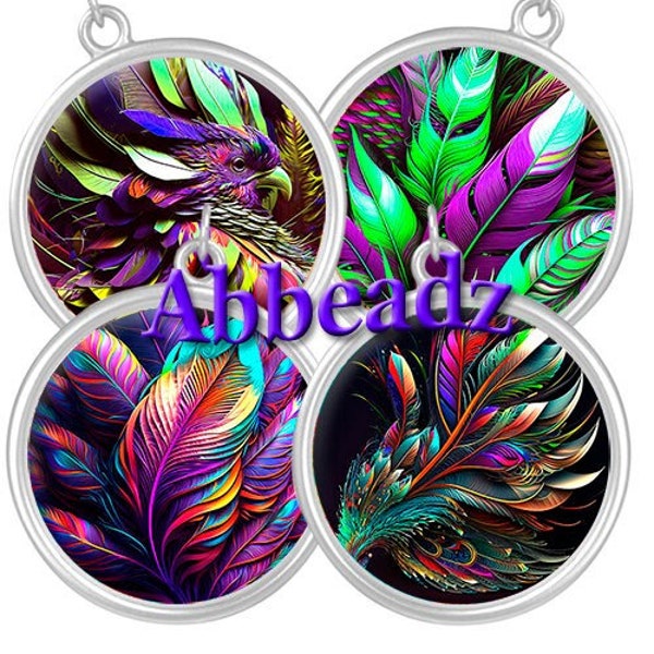 2", 1" and 20mm Round Colourful Exotic Feathers DIGITAL DOWNLOAD