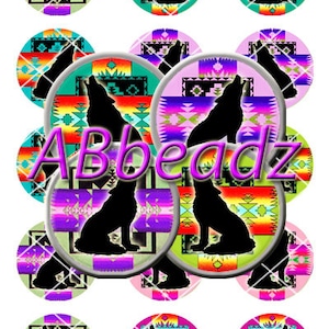 May include: A collection of circular stickers featuring a black silhouette of a howling wolf against a vibrant, multi-colored geometric background with a gradient pattern. The word ABbeadz is printed in purple across the center of the image.