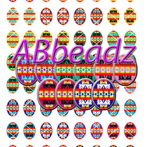 May include: A collection of 60 colorful oval-shaped beads with geometric patterns. The beads are arranged in rows and columns on a white background. The text "ABbeadz" is written in purple letters across the middle of the image.