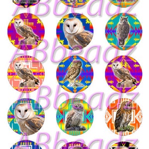 May include: A sheet of fifteen circular stickers featuring various owl species set against vibrant, multicolored geometric patterns. Each circle displays a different owl, including barn owls and great horned owls, with the watermark ABbeadz overlaid.