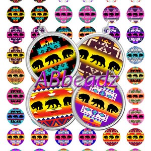 May include: A set of 36 round, colorful, printed, 1-inch diameter cabochons featuring a Native American design with bears. The cabochons are perfect for crafting jewelry, hair accessories, and other creative projects.
