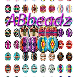 May include: A collection of oval-shaped cabochons featuring diverse geometric, tribal, and animal-inspired patterns in vibrant colors. The word ABbeadz is displayed in large purple letters across the center of the grid of small oval items.
